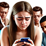 ** People constantly comparing themselves to others on social media. A sad girl looking at her phone, surrounded by happy, perfect-looking social media posts. Depict feelings of inadequacy, jealousy, and low self-esteem.

2.  **