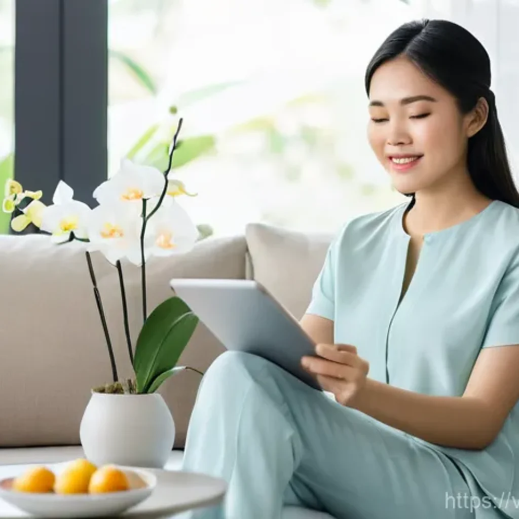 정신건강을 위한 디지털 치료의 성공 요인 - **Prompt: Serene Digital Sanctuary for Mental Wellness**
A young Vietnamese woman, in her late 2...