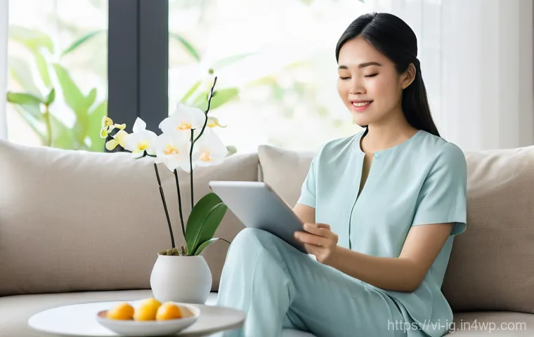 정신건강을 위한 디지털 치료의 성공 요인 - **Prompt: Serene Digital Sanctuary for Mental Wellness**
A young Vietnamese woman, in her late 2...