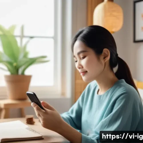 Home 33 정신건강 문제 해결을 위한 기술적 해법 - A modern Vietnamese woman sitting comfortably in a cozy living room, using a smartphone app to log h...