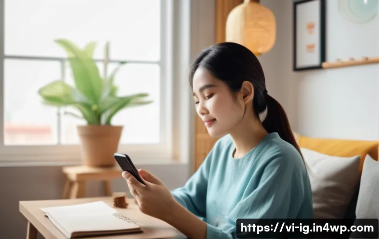 정신건강 문제 해결을 위한 기술적 해법 - A modern Vietnamese woman sitting comfortably in a cozy living room, using a smartphone app to log h...