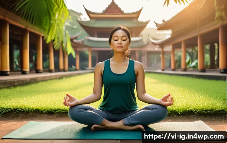 정신건강 관리의 혁신적 솔루션 탐색 - A serene Vietnamese woman practicing mindfulness meditation in a peaceful urban park at sunrise, wea...