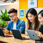 Home 19 정신건강 테크의 효과적인 마케팅 전략 - A modern Vietnamese urban office scene showing diverse young professionals using smartphones and tab...