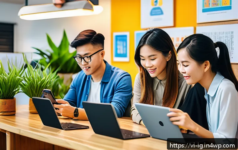 정신건강 테크의 효과적인 마케팅 전략 - A modern Vietnamese urban office scene showing diverse young professionals using smartphones and tab...