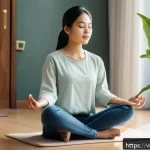 Home 18 정신건강을 위한 앱 사용 경험 공유 - A serene Vietnamese woman in casual modern clothing practicing guided meditation indoors with soft n...