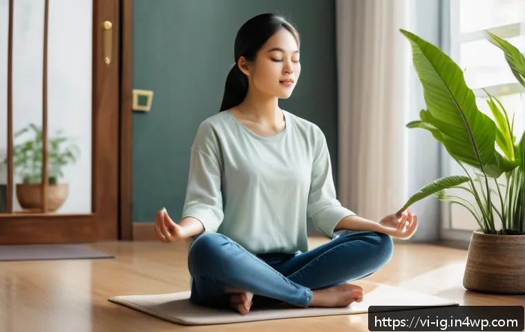 정신건강을 위한 앱 사용 경험 공유 - A serene Vietnamese woman in casual modern clothing practicing guided meditation indoors with soft n...