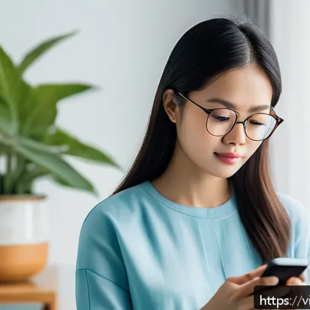 정신건강과 기술 새로운 패러다임 - A young Vietnamese woman using a personalized AI mental health app on her smartphone at home, with a...