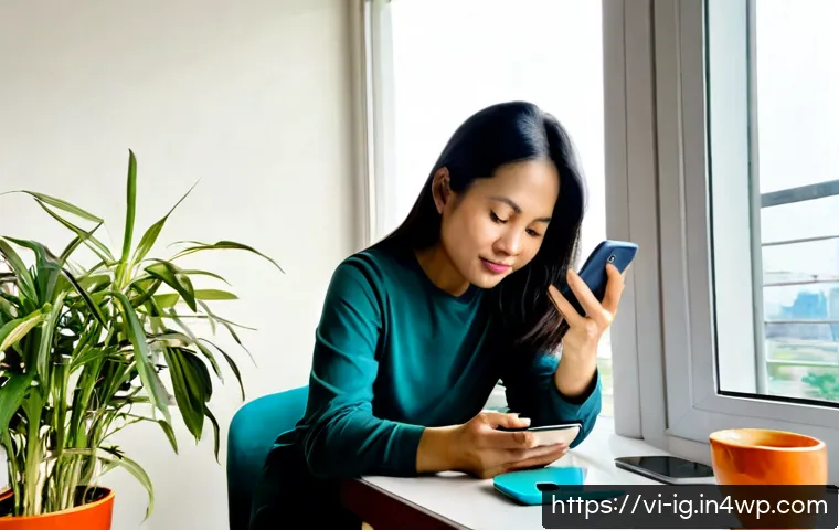 Home 17 정신건강 관리의 디지털 전환 과정 - Photorealistic scene of a Vietnamese woman in her early 40s using a mental wellness app on a smartph...